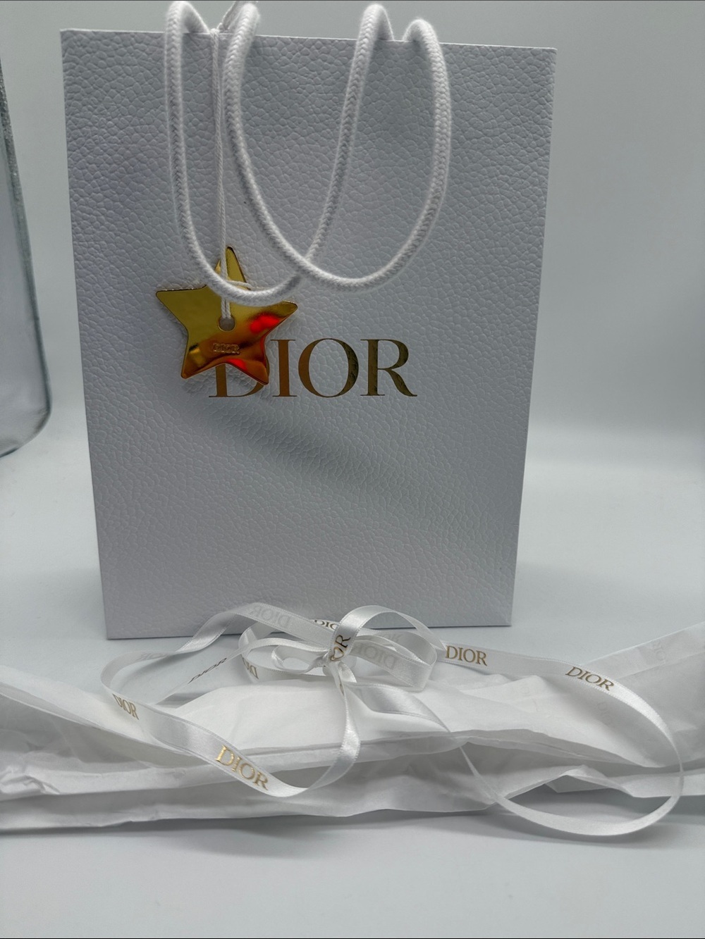 Dior White & Gold Shopping Bag, Ribbon, Tissue & Gold Star Charm